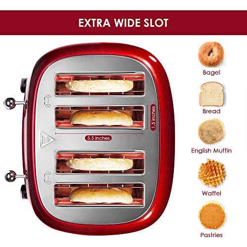 Roter Mond 4 Slice Toaster Retro Stainless Steel with Bagel Defrost Cancel Function, 6 Browning Settings, Extre Wide Slot and Removable Crumb Tray, Red, ST033 - Imagem 3