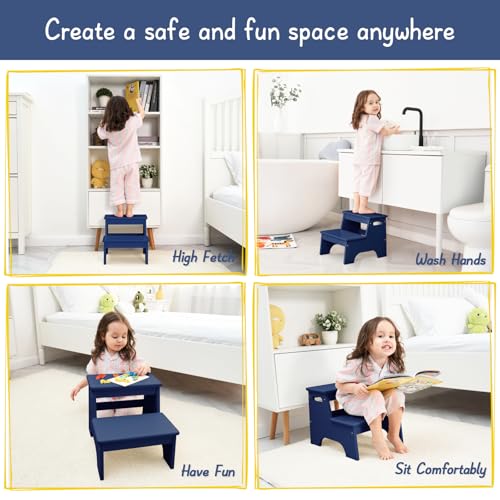 image for Forbena Navy Blue 2 Step Stool for Kids Bathroom Sink, Boys Toddler St