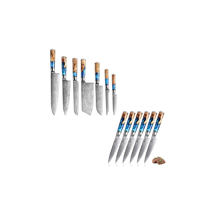 SENKEN-13-Piece-67-Layer-Damascus-Steel-Kitchen-Knife-Set-Tsunami-Collection-7-Piece-Chef-Knife-Set-with-6-Matching-Damascus-Steak-Knives SENKEN 13-Piece 67-Layer Damascus Steel Kitchen Knife Set - "Tsunami" Collection - 7-Piece Chef Knife Set with 6 Matching Damascus Steak Knives