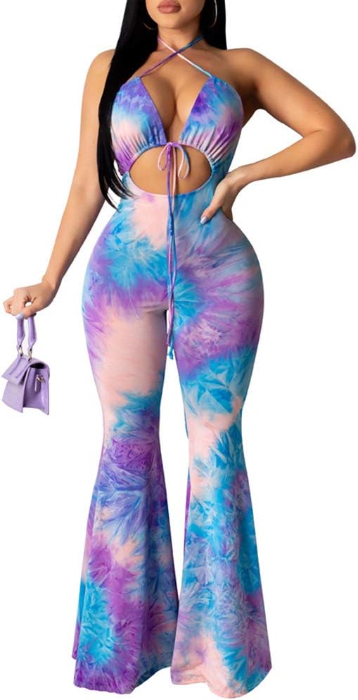 Remelon Womens Spaghetti Strap Halter Tie Dye Print Cut Out Bodycon Bell Flare Pants Club Party One Piece Jumpsuits Rompers Medium 1-purple
