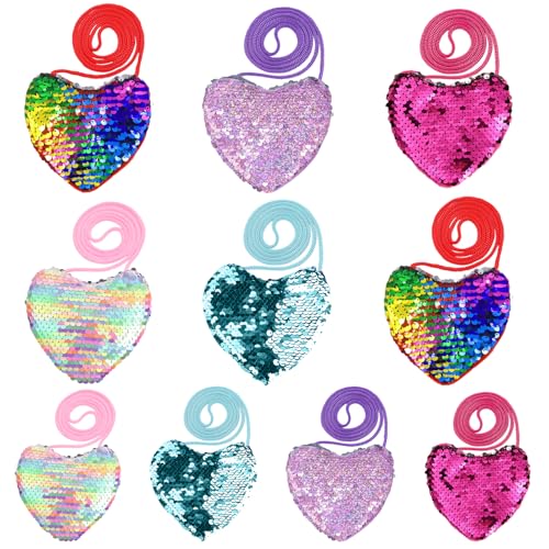 AMFUN 10 Stücke Herzförmige Tasche Kinder, Pailletten Geldbörse, Mini Kinder Portemonnaie Mädchen, Mini Crossbody Taschen für Geburtstage, Feiertagsfeiern, Kindergeburtstag Geschenk