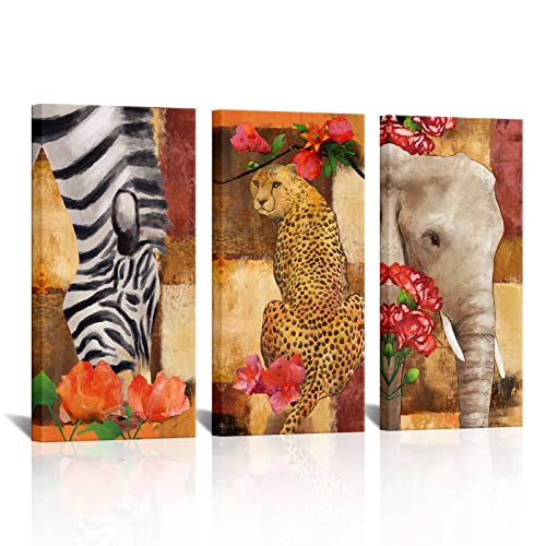Saypeacher 3 Pieces Abstract African Animals Canvas Wall Art Elephant Zebra Leopard With Flower Painting Print For Bedroom Home Living Room Decor Stretched And Framed Ready To Hang 12X24Inchx3Pcs #TOP29