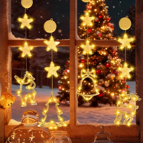 FENYW DAJASD 4 Piezas Luces de Navidad, Luces Navidad Ventana, Luce de ventana de Navida Led con Ventosas para Decoración Fiestas Navideñas Interiores Exteriores(Blanco Calido)