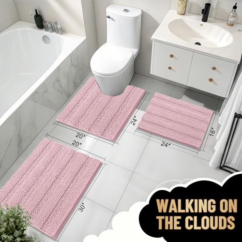 Image of OLANLY Thick Bathroom Runner Rugs 44x24, Extra Absorbent Chenille Striped Bath Rugs, Rubber Backing, Machine Wash Dry, Long Bath Mats for Bathroom, Tub and Shower, Home Decor Accessories, Dusty Rose