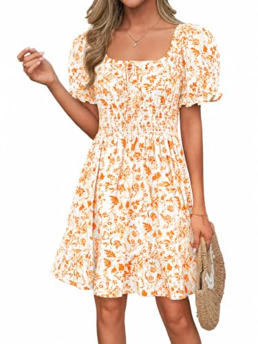 Image of Womens Babydoll Mini Dress Casual Square Neck Short Sleeve Summer Dresses | Empire Waist, Smocked, Flowy, Short Beach Dress, Vacation, Floral, Boho