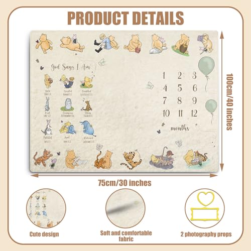 Image of Winnie Baby Milestone Blanket, God Says I am Bold Milestone Blanket, Winnie Newborn Month Blankets for Baby, with Double-Sided Printed Cardstock（16 Unforgettable Moments of Babies）