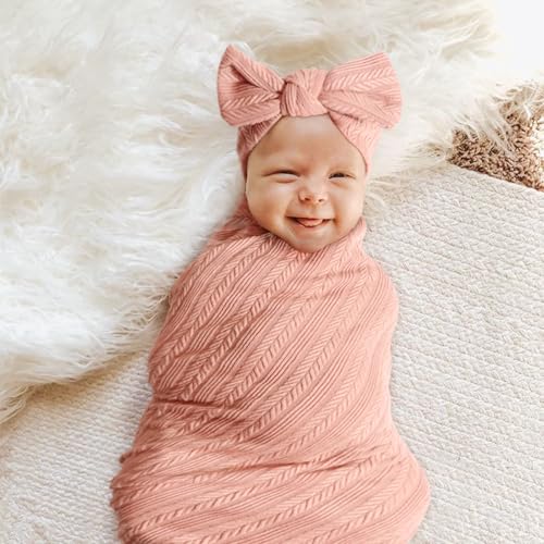Image of AQOKKA Baby Swaddle Blankets with Bow Hat Mittens Set Wheat-Pattern Infant Receiving Blankets Swaddles for Newborns Unisex Toddler Swaddle Wrap Sets for Baby Girls Boys Nursery Warm Shower Gift