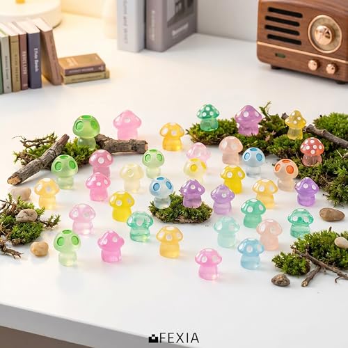 Image of FEXIA 50pcs Mini Resin Mushrooms Little Mushroom Figures Tiny Figures Glow in the Dark for Aquariums Dollhouses Fairy Garden Mushroom Decor Landscape