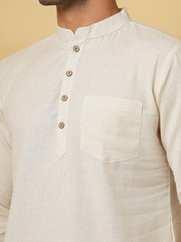 Image of Vastraa Fusion Men's Handloom Weaving Pure Cotton Short Kurta, Round Collar, Full Sleeves,Button Kurta, Ethnic Wear