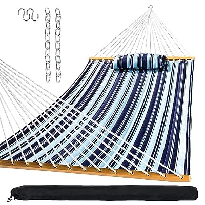 SZHLUX Outdoor Quilted Fabric Hammock with Spreader Bars and Detachable Pillow and Chains,Outdoor Patio Backyard Poolside, 450 LBS Weight Capacity, Catalina Beach