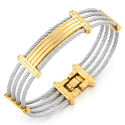 COOLSTEELANDBEYOND Bracelet Câble Homme en Acier Inoxydable, Bracelet Multi-Câbles Métalliques avec Barre Accent Dorée, Bracelet Bicolore pour Poignet