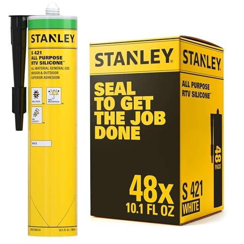 Stanley S421 All-Purpose RTV Silicone Sealant (48 x 10.1 fl.oz.) – 100% Waterproof White Caulk | Industrial-Grade Silicone for Kitchen, Bathroom, Shower, Window, Door, Indoor & Outdoor Use | 48 Pack
