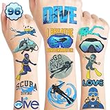 96PCS Cool Scuba Diving Temporary Tattoos Ocean Summer Beach Birthday Party Favors Decorations Supplies Decor Underwater Sports Tattoo Stickers Gifts For Kids Diver Boys Girls School Prizes Carnival