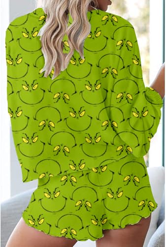 Conjunto de pijama feminino de manga comprida Henley com babados e shorts engraçados Jack O Lantern