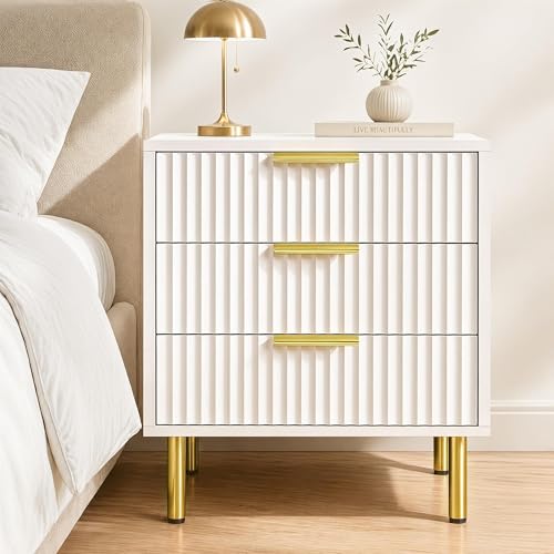 RIHHA White and Gold Fluted Nightstand with 3 Drawers 24 Tall Bedside Table with Gold Handles Ribbed Side Table for Bedroom