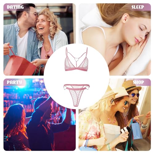 NewBull Sexy Strapsen Dessous-Sets für Damen Zweiteiliges Set Kein Bügel BH Hohe Taille Tanga Babydoll Reizwäsche Outfit Tüll Transparent Unterwäsche mit Herz Leopardenmuster (Rosa, Einheitsgröße)