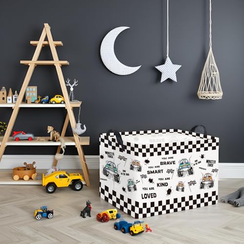 Image of Rectangular Kids Storage Basket Baby Storage Basket with Handles for Home Kitchen Boys and Girls Cute Toy Storage Bin Organizer Shelf Book Room Decor(Flag Truck)