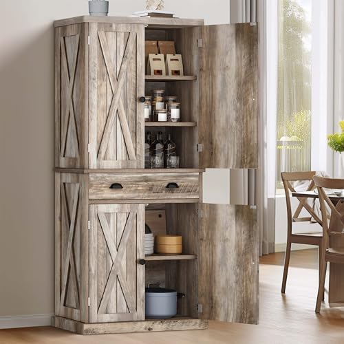 DWVO 72'' Tall Farmhouse Kitchen Pantry, Rustic Wood Kitchen Storage Cabinets with Adjustable Shelves & Drawer, Freestanding Cupboard for Dining Room, Living Room, Light Gray
