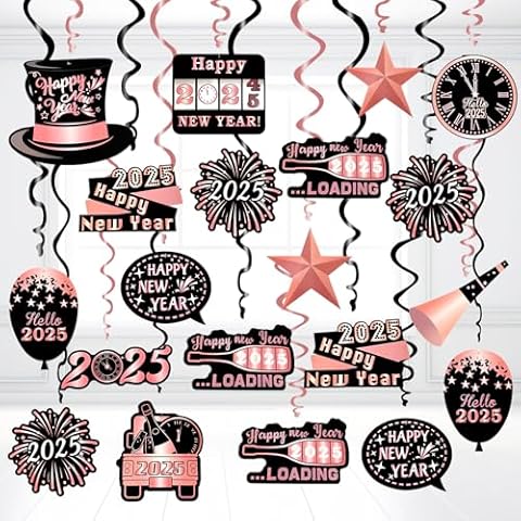 New Year Hanging Swirls Decorations, LMSHOWOWO 30PCS Foil 2025 New Year Hanging Ceiling Swirls Streamers for New Year Eve Ceiling Decor 2025 New Year Party Supplies (Rose Gold) Cover