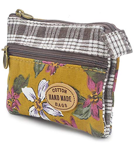 Women Small Zipper Coin Purse - Handmade Fabric Flower Embroidered Change Pouch - Cotton Double Zipper Wallet #TOP4