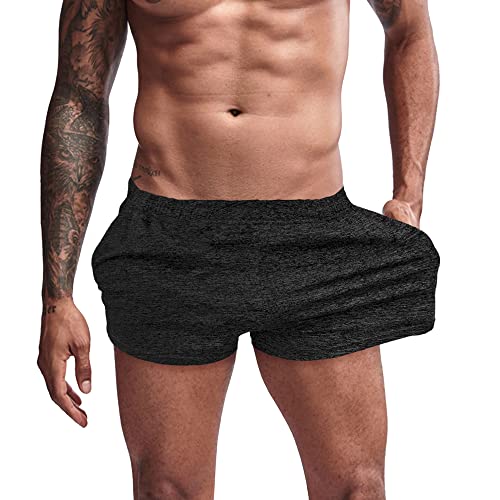 Lehmanlin Mini-shorts voor heren, sport, kort, hardloopshorts, 7 cm kruis, Zwart-met zakken, L