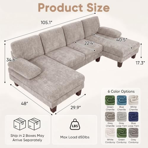Homall 105" U-Shaped Sectional Couches, Sofa Couch with Double Chaise, Grey - Image 2