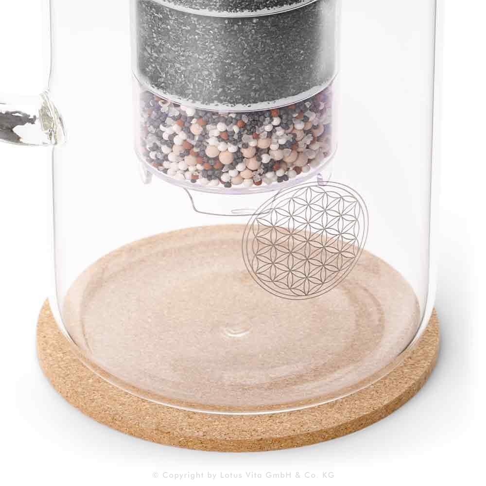 Lotus Vita ENYA Glas-Filterkanne mit Bambusdeckel (Blume des Lebens auf dem Glas)