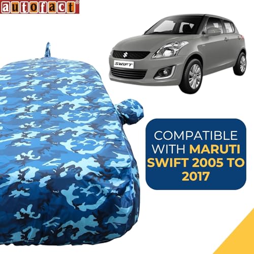Image of Autofact 100% Waterproof Car Body Cover Compatible with Maruti Swift (2005 to 2017), with Mirror and Antenna Pockets,4x4 American Matty, Long Lasting Durable Material, Camouflage Airforce Look