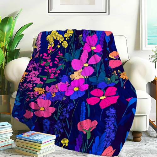 Manta de Vellón para Toda Estación,Ligera Manta para Sofá Patrón de Flores Silvestres botánicas oscuras Rosas y Azules Acogedora y Decorativa Invierno Flannel Blanket S