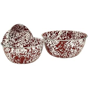 Crow Canyon Enamelware – 3 Piece Mixing Bowl Set – Burgundy on Cream Marble