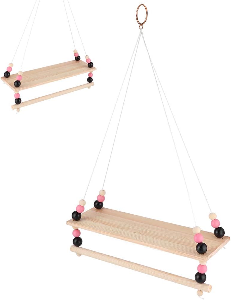 Nordic Style Wall Hanging Shelf Display Rack, Floating Shelves for Kids Room, Colorful Beads Decor Wooden Wall Storage Rack with Hanging Rope for Bedroom Living Room (Style 3) image 3