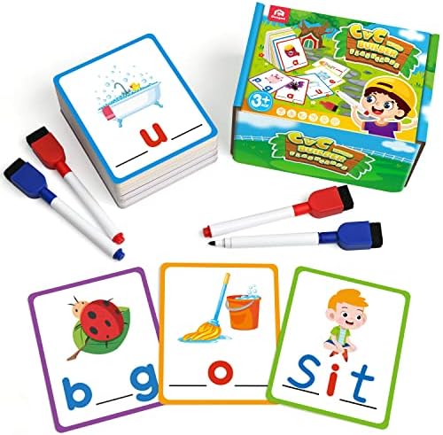 Coogam Short Vowel Spelling Flashcards, Learn to Write CVC Sight Words Color Pattern Handwriting Cards Fine Motor Montessori Educational Toy Gift for Kids 3 4 5 Years Old