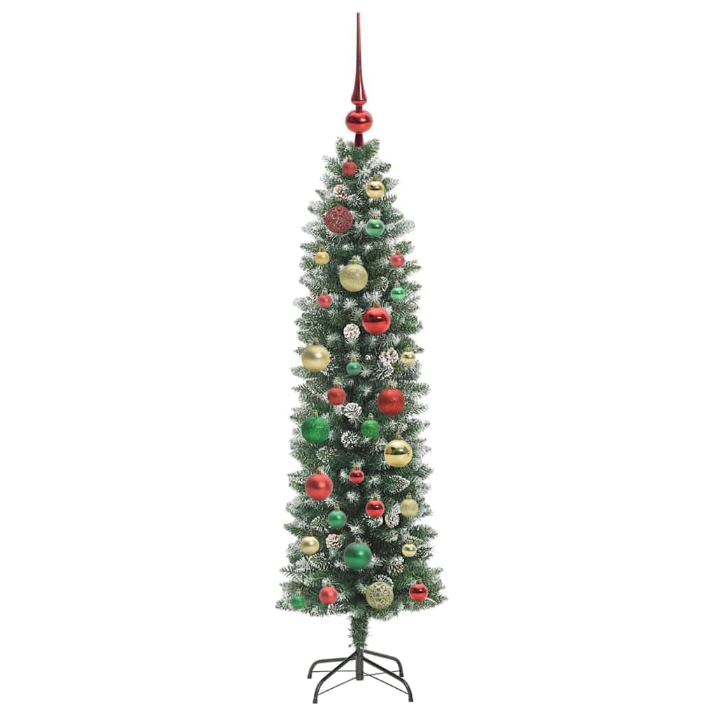 Albero di Natale artificiale sottile verde e bianco 120 cm con 183 punte in PVC, 150 luci LED bianco caldo, 8 modalità di funzionamento USB, per interni, decorazione festiva