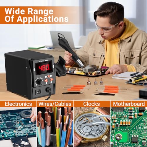 Preciva estación de retrabajo de aire caliente 700W para soldadura SMD, estación de soldadura de aire caliente digital 100-480 °C con pantalla LCD, 3 boquillas, modo aire frío/caliente, auto inicio/pa