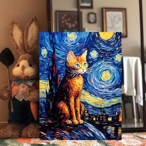 Tableau sur toile chat orange vintage sous les étoiles avec cadre 30x40 cm