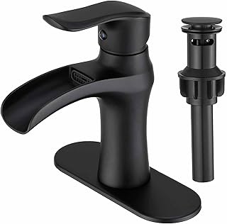 Waterfall Bathroom Faucets for Sink 3 Hole / 1 Hole, Matte Black Bathroom Faucet Ceramic Valve Leak-Proof Black Sink Faucet Bathroom Faucet for Bathroom Sink with Pop up Drain & Base Plate