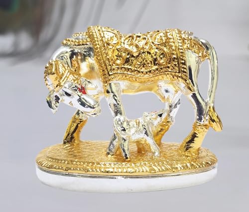 Om Kamdhenu cow con ternero dorado y plateado 2.2 pulg miniatura 5