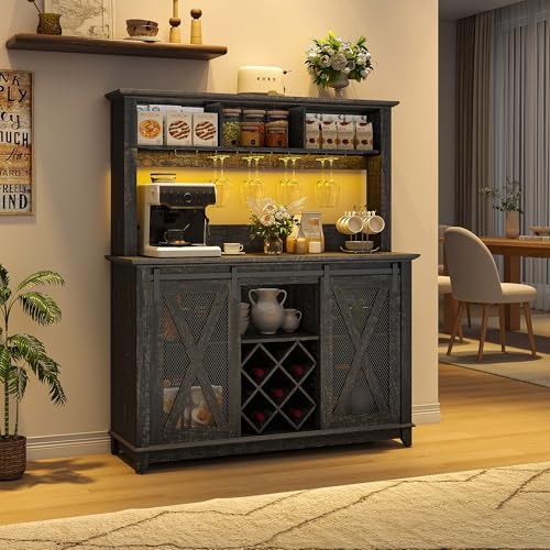 Image of 47 inchWide 56 inchH Farmhouse Coffee Bar Cabinet with Power Outlet and LED Light,Wine Bar Cabinet w /3 Storage Hutch,Kitchen Buffet Cabinet with 10 Wine and Glass Racks for Kitchen Dining Room(Dark Oak)