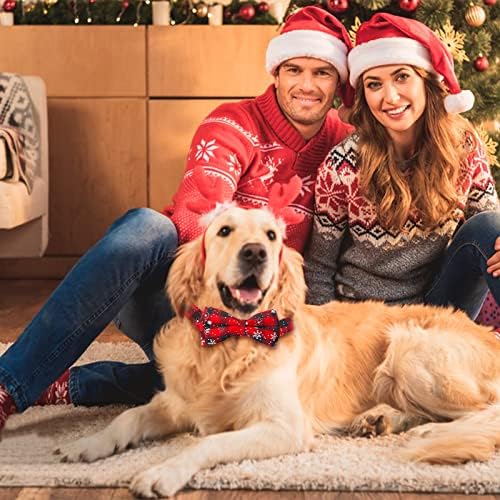 Maotrade 2 Pack Christmas Snowflake Dog Collar with Bow Tie Adjustable Classic Plaid Dog Collar Medium Green and Red with 2 Pet Christmas Hat Cat Dog for Small and Medium Dogs