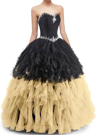 Likedpage Womens Strapless Ball Gown, Black and Multicolored Tulle, Layered Ruffles, Crystal Embellished, Floor Length
