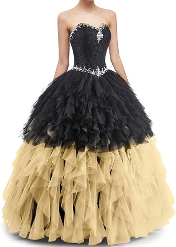 Likedpage Women's Strapless Ball Gown, Black and Multicolored Tulle, Layered Ruffles, Crystal Embellished, Floor Length CR66 Gold 10