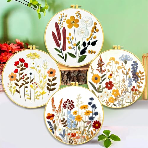 Image of Zhenqing Floral Embroidery Kit - 4 Piece 29x29cm Round Hoop Art Set with Pre-Printed Cotton Fabric, Embroidery Hoop, Threads & Tools for Beginners (C0010)