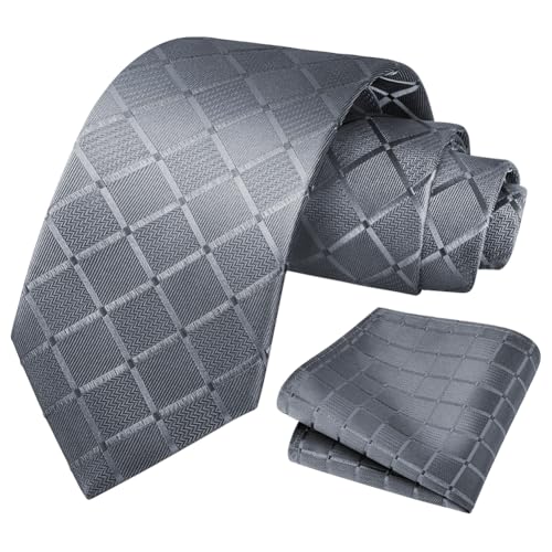 URAQT Krawatten für Herren, 2er Hochzeit Krawatte und Einstecktuch Set, Krawatten Klassisch Plaid Jacquard Einfarbige für Hochzeit Business, Grau