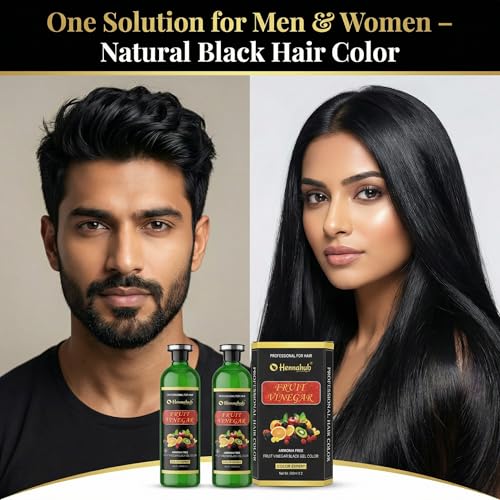 Image of Fruit Vinegar Gel Hair Color Black | 10 Minutes 100% Grey Coverage | A+B 500ml x 2 = 1000ml | Ammonia Free | Repairs & Colours Hair | For Men & Women | Made in India | Free Gloves | Hennahub