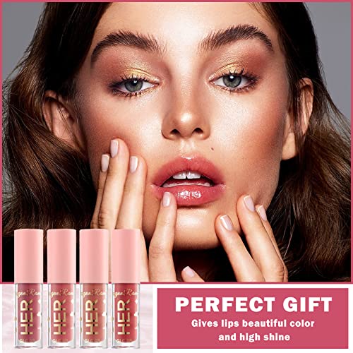4Pcs Shimmer Lip Gloss Set Plumping Liquid Nude Lipstick Set Moisturizing Lip Stain Long Lasting Waterproof Non-Stick Cup Not-Fade Shiny Lip Gloss Set For Women Glitter Lip Makeup Kit - Set A #TOP6
