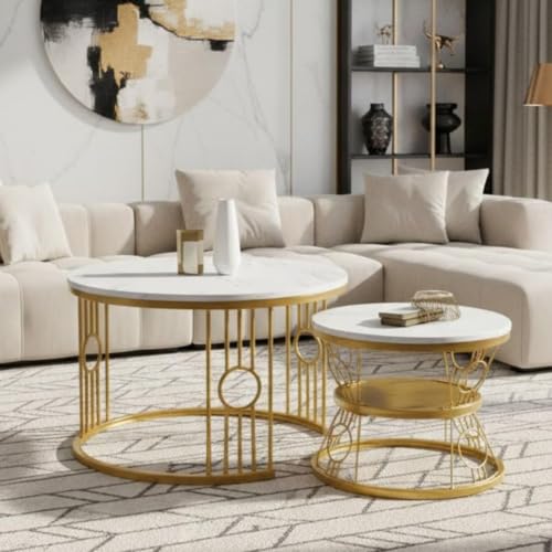 Image of Modern Nested Coffee Table Set of 2 | Round Marble Finish Tabletop with Metal Base | Luxury Center Table for Living Room, Lounge & Office (Ring White Gold)