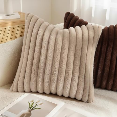 Image of decorUhome Fall Cozy Faux Fur Throw Pillow Covers 22x22 Set of 2 Decorative Soft Plush Striped Modern Farmhouse Boho Couch Euro Sham Pillow Cases with Velvet Back for Sofa Bed Living Roomr, Dark Brown