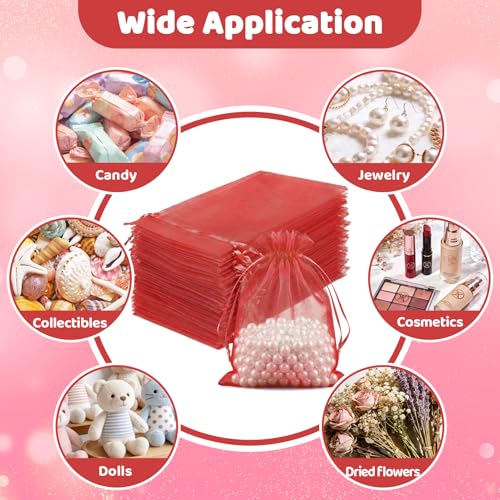Image of FUNFERY 100 Pcs Red Organza Bags 4x6 in, Small Mesh Drawstring Gift Bags for Sachet, Jewelry, Candy, Wedding Favor, Easter Day