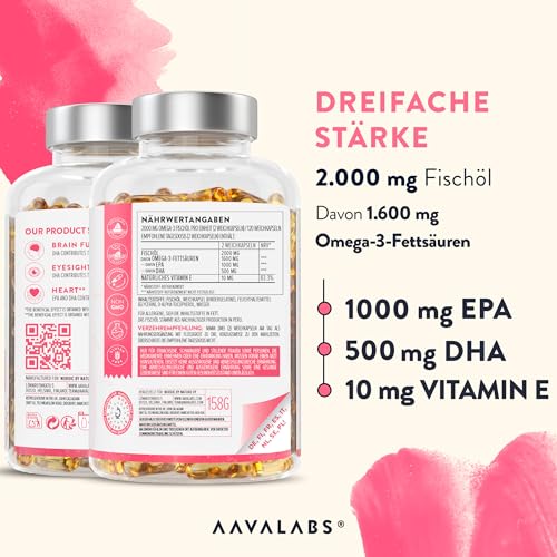 Omega 3 Kapseln Hochdosiert 2000mg Omega 3 Öl 1000mg EPA + 500mg DHA pro Tagesdosis (2 Premium Omega 3 Fischöl Kapseln) - Omega-3-Fettsäuren Kapseln - 120 Kapseln Fischöl Omega 3 Hochdosiert 60 Tage