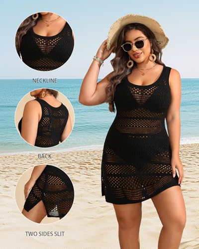 Plus Size Swimsuit Cover Up - Crochet Knit Swimwear Bathing Suit Bikini Coverups Summer Sleeveless Slit Dress Women2